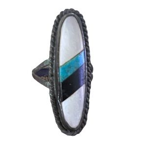 Vintage Mother of pearl, onyx, turquoise inlay silver unmarked ring 6 3/4